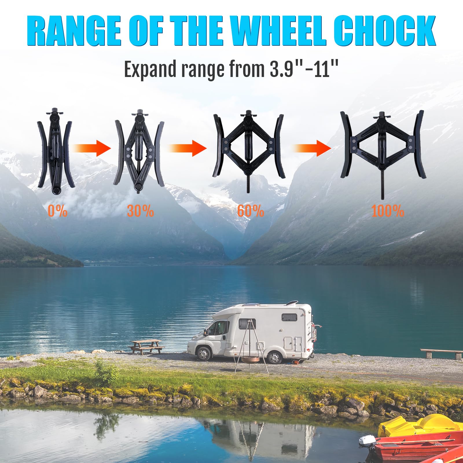 RVPNR chock beside ruler illustrating adjustable 3.9 to 11 inch expansion range