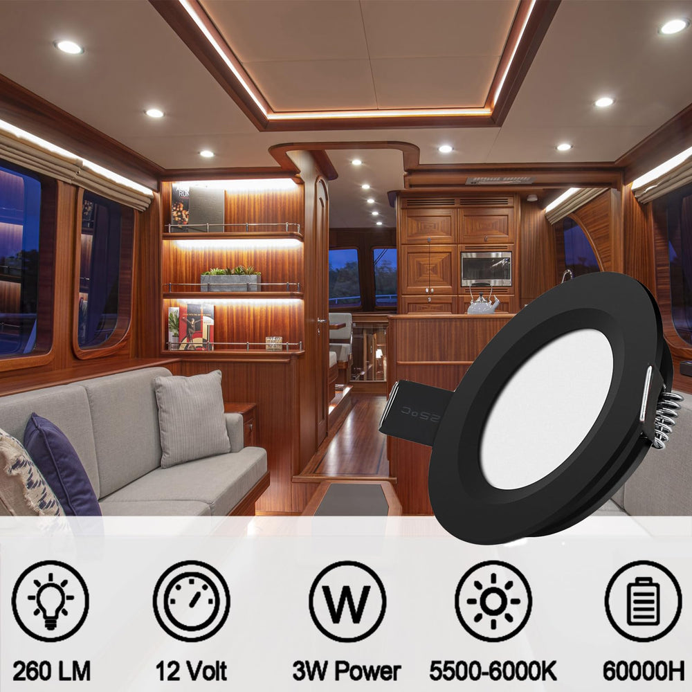 RVZONE aluminum downlight close-up highlighting heat-dissipating body and durable build