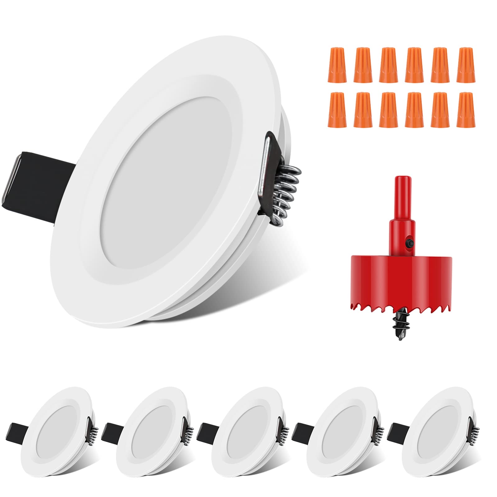 RVZONE front view of 6-pack recessed puck lights showing clean ceiling look and light
