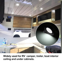RVZONE recessed light installed in RV ceiling demonstrating clean look and improved visibility