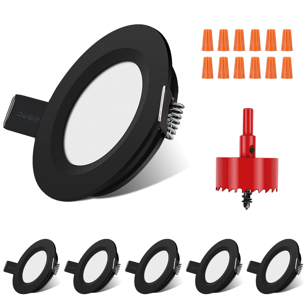 RVZONE front view of six recessed LED puck lights showing sleek flush fit and bright illumination