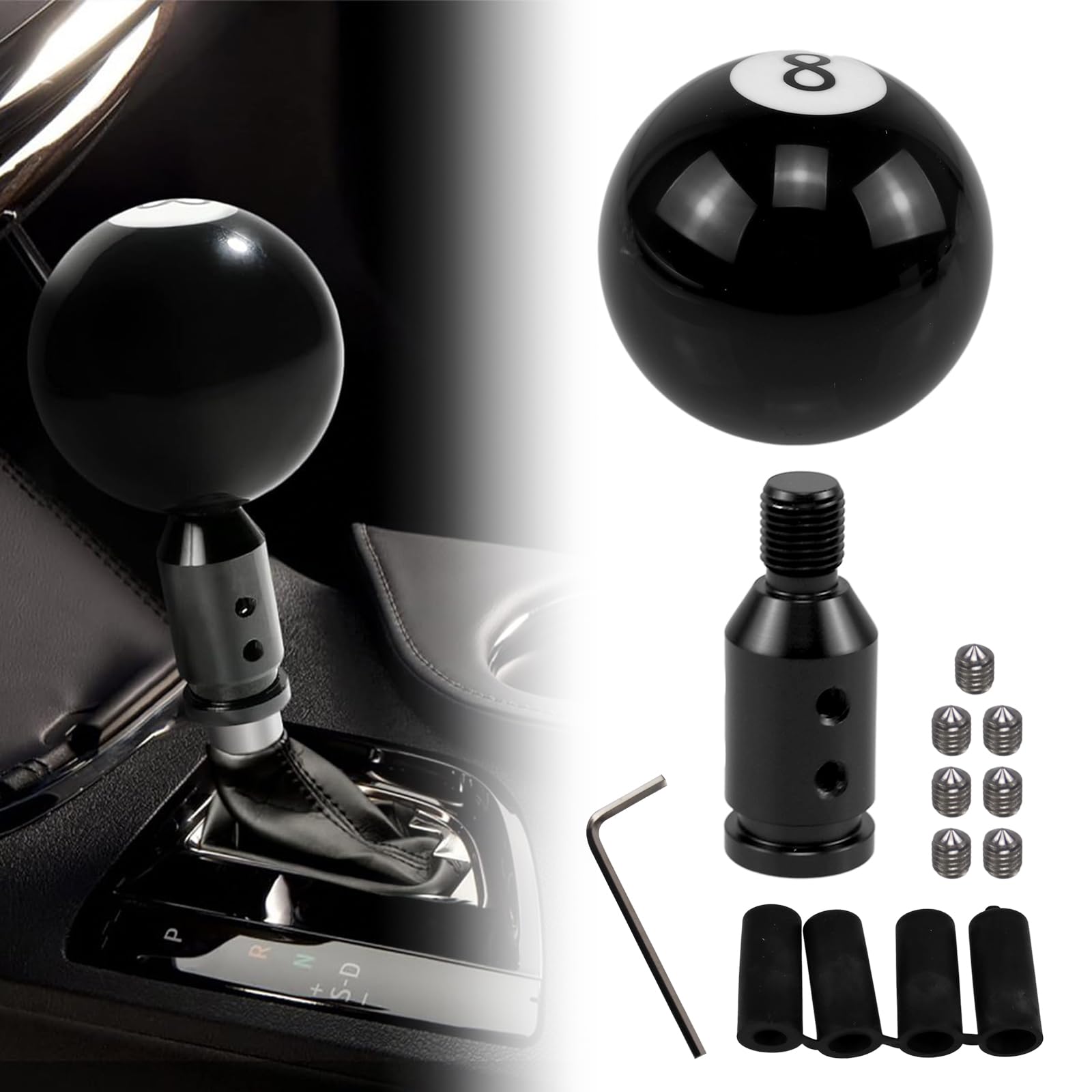 RYANSTAR black 8 ball shift knob front view showing glossy finish and clear 8 marking