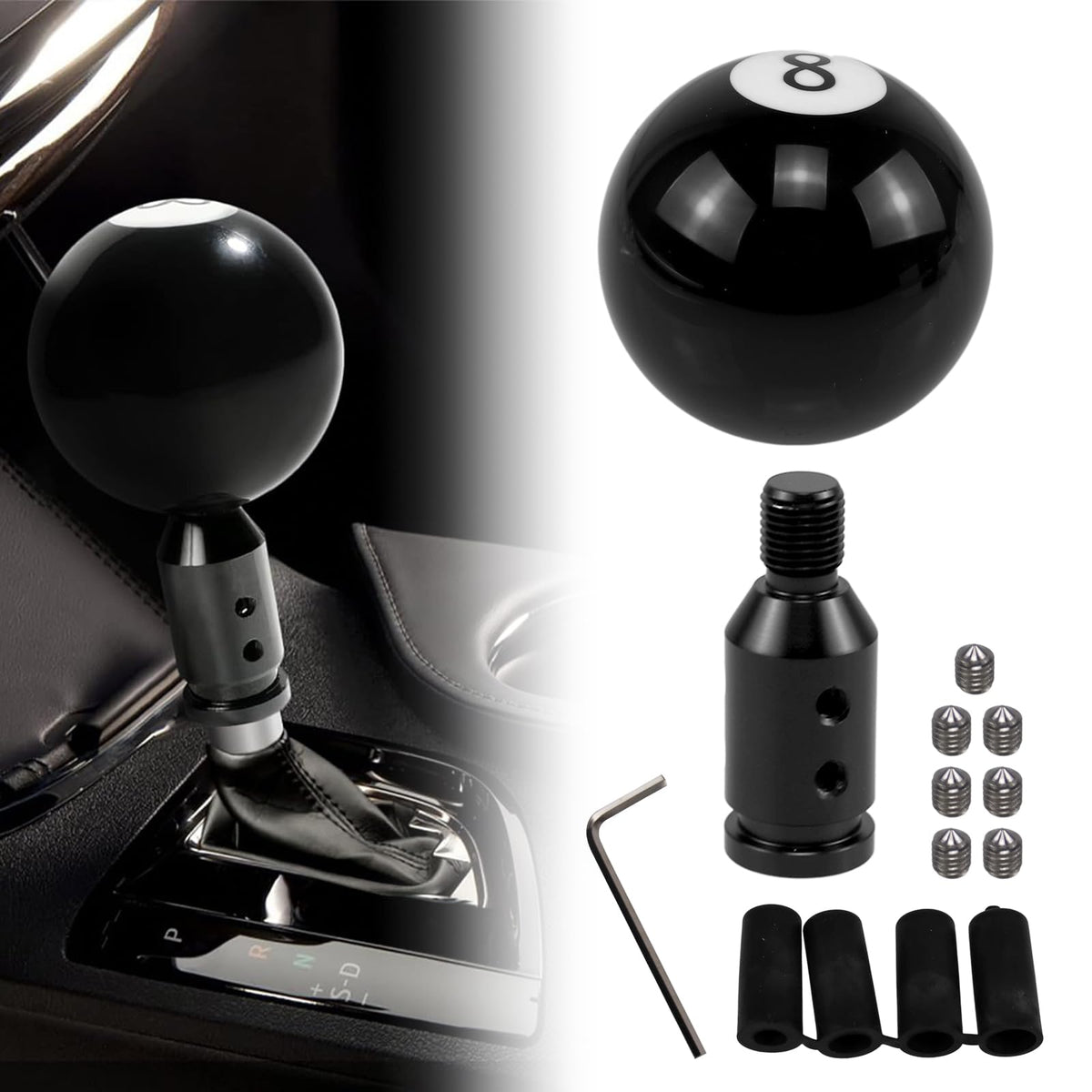 RYANSTAR black 8 ball shift knob front view showing glossy finish and clear 8 marking