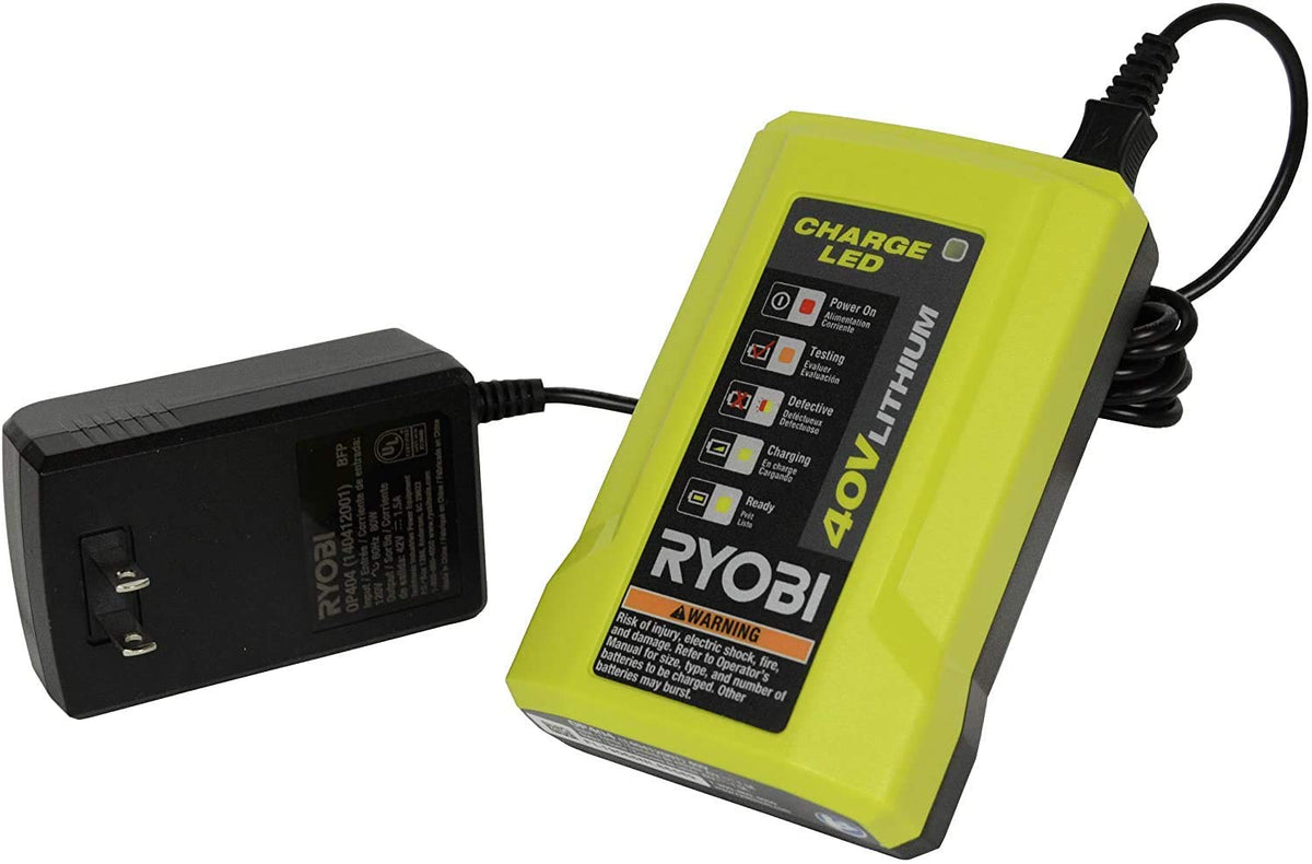 RYOBI OP404 front view showing compact charger and port, reliable quick charging