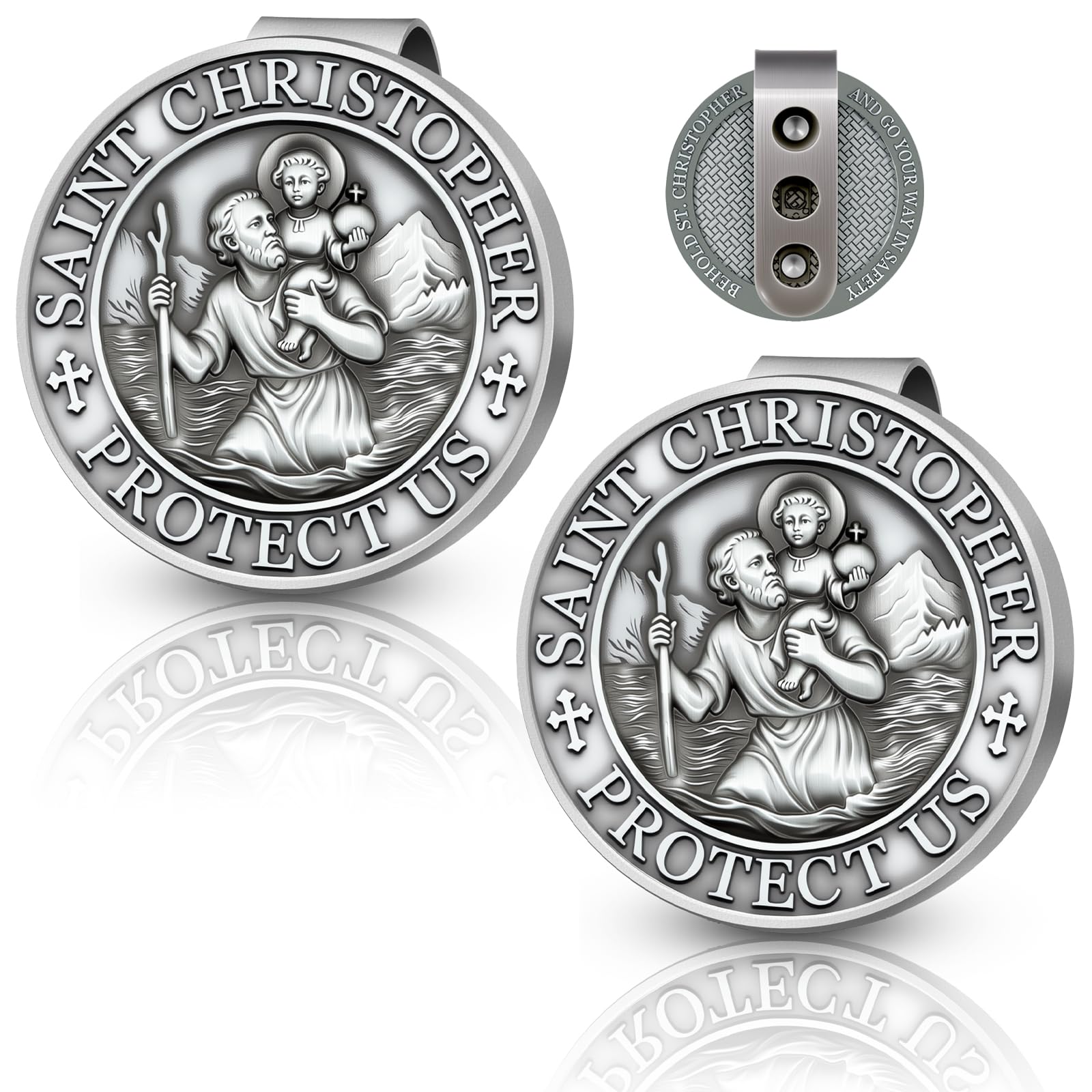 RYYOF front medal view showing Saint Christopher and protective inscription, adds faith-focused presence