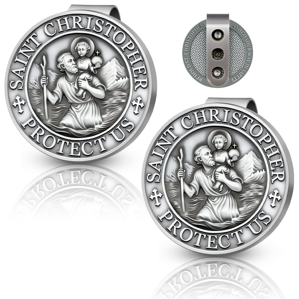 RYYOF front medal view showing Saint Christopher and protective inscription, adds faith-focused presence