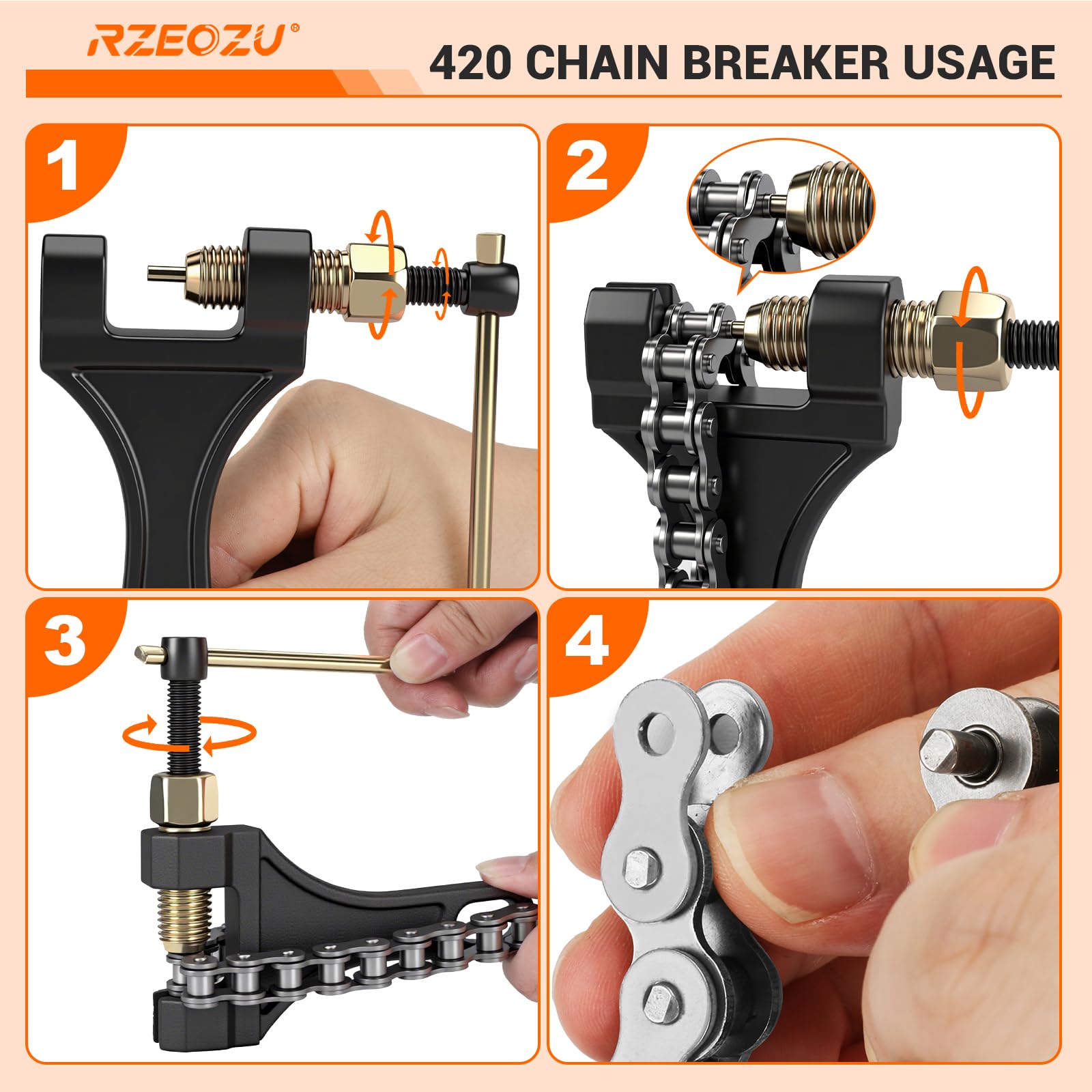 RZEOZU chain mounted on a mini bike illustrating smooth engagement and improved drive