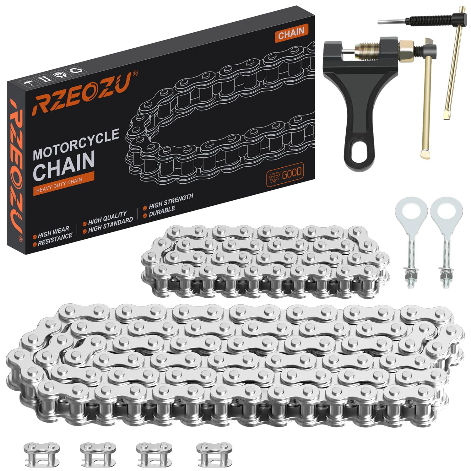 RZEOZU front view of packaged 420 chain kit showing contents and benefit of ready-to-install