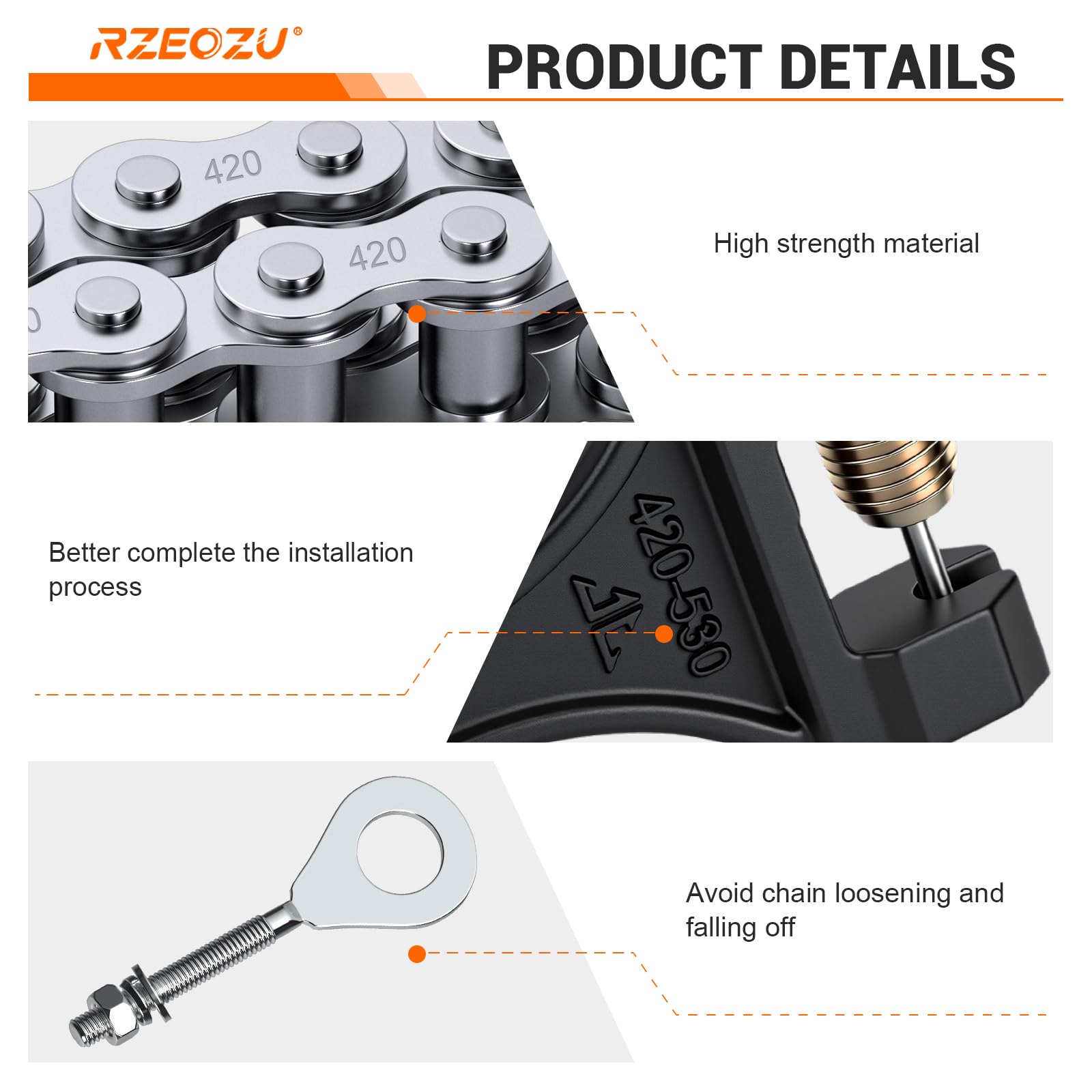 RZEOZU chain engaging sprocket teeth emphasizing precise fit and reduced slippage