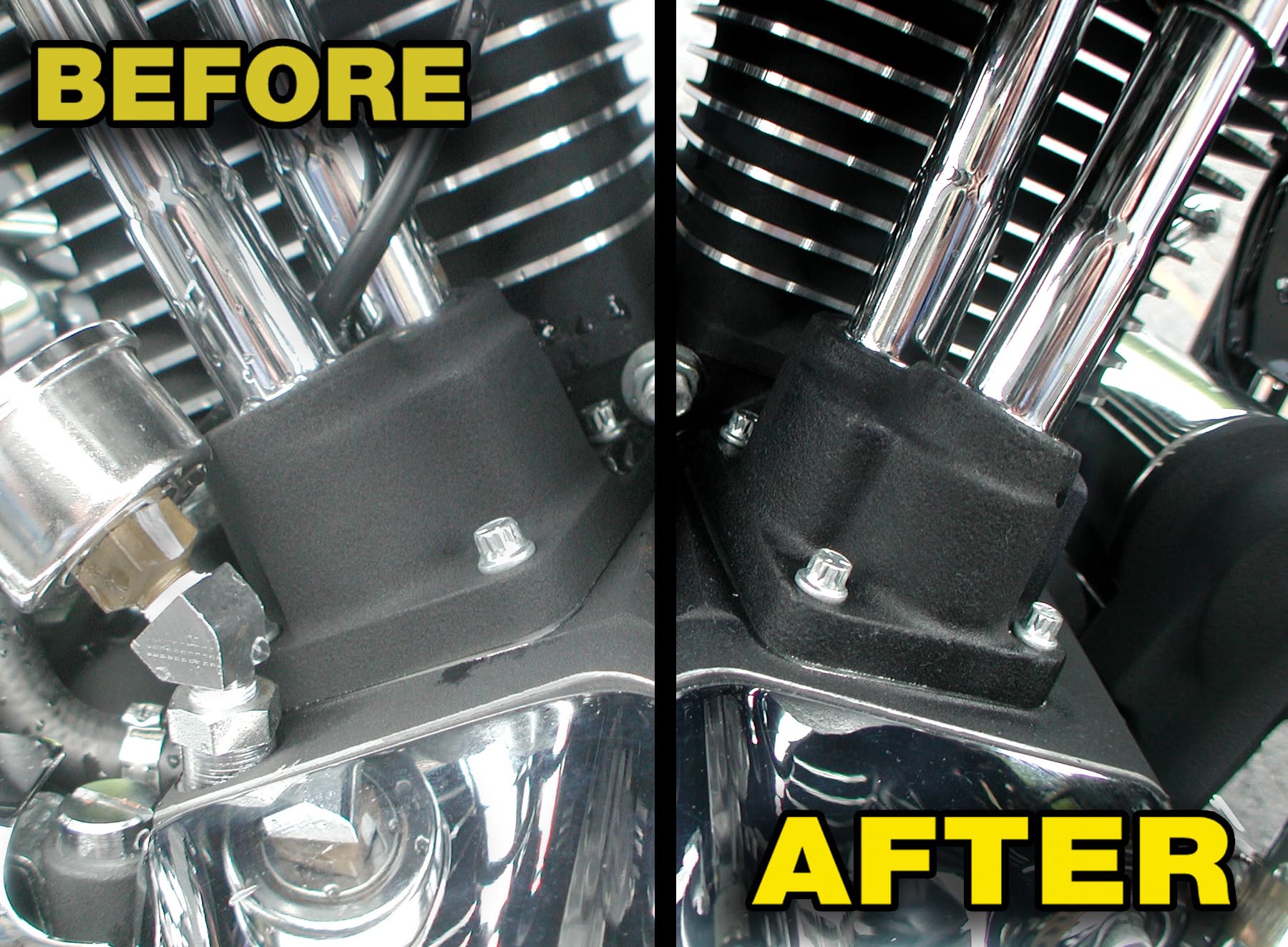 S S100 misting nozzle spraying engine fins for even coverage and restored factory-black look