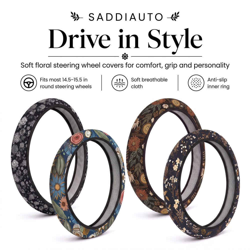 SAADIAUTO lifestyle shot of woman driving with comfortable floral cover