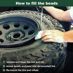 Safetect beads being poured into tire during professional installation for balance