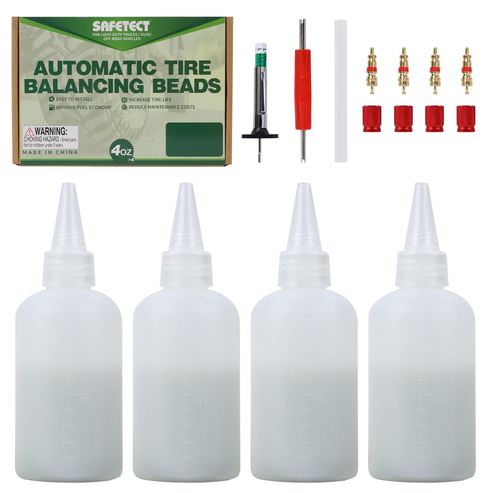 Safetect front packaging kit showing bottles and tools for convenient balancing