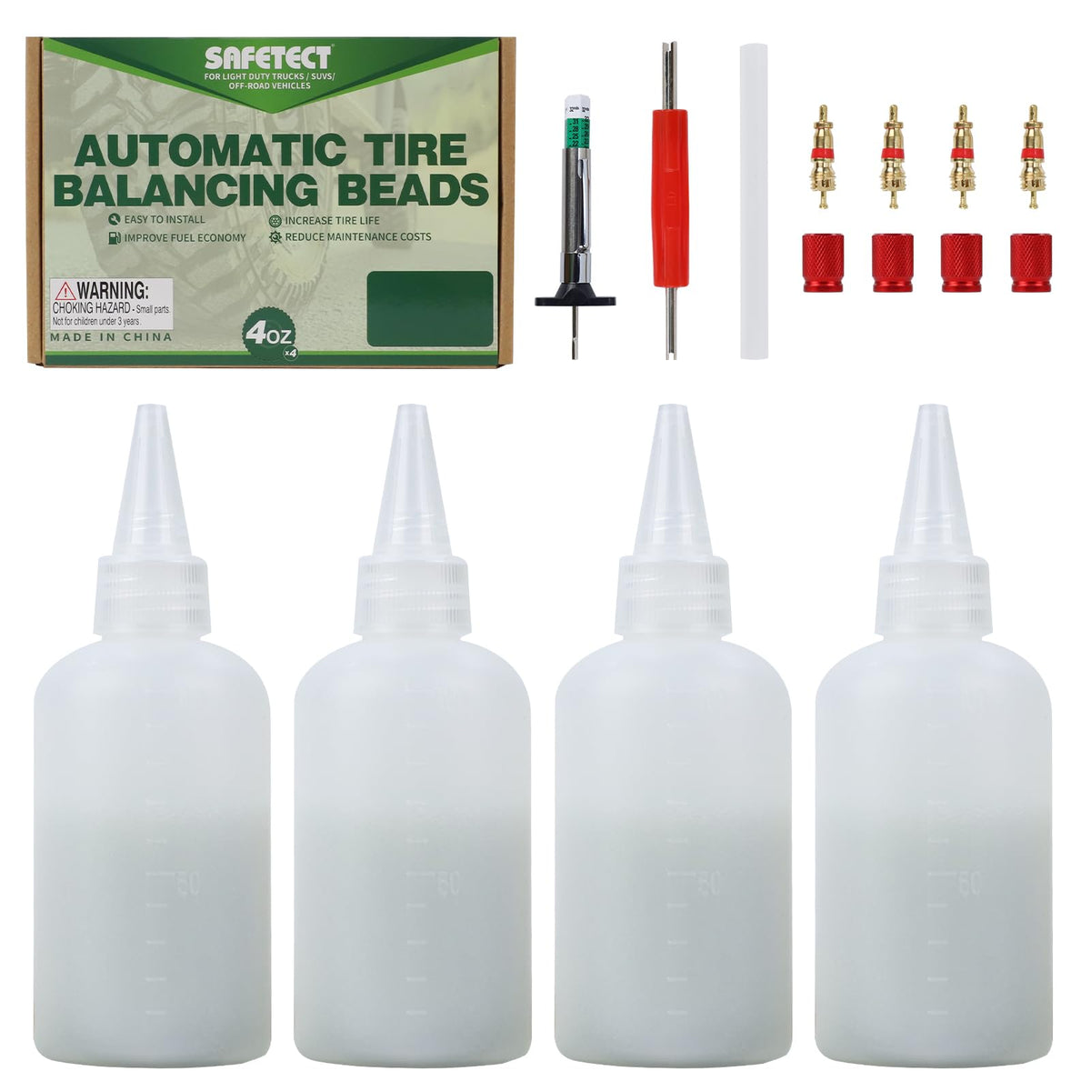 Safetect front packaging kit showing bottles and tools for convenient balancing