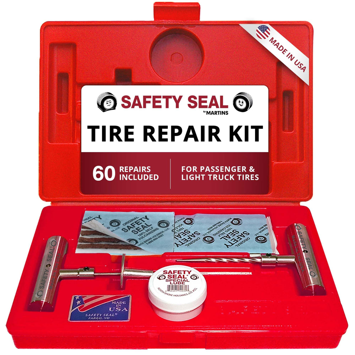 Safety Seal front case showing organized tools and 60 plugs for quick roadside repairs