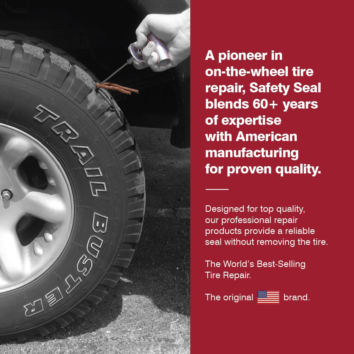 Safety Seal used beside a lifted tire showing practical roadside repair and convenience