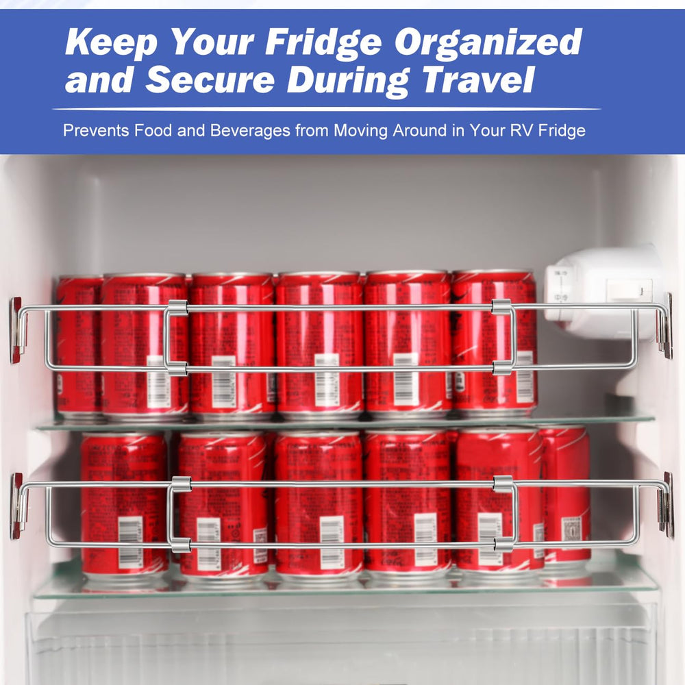 Safoner bars installed inside an RV fridge keeping jars and bottles steady during travel