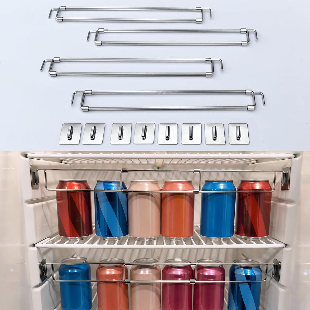 Safoner front view of four adjustable fridge bars showing compact packaging and immediate benefits