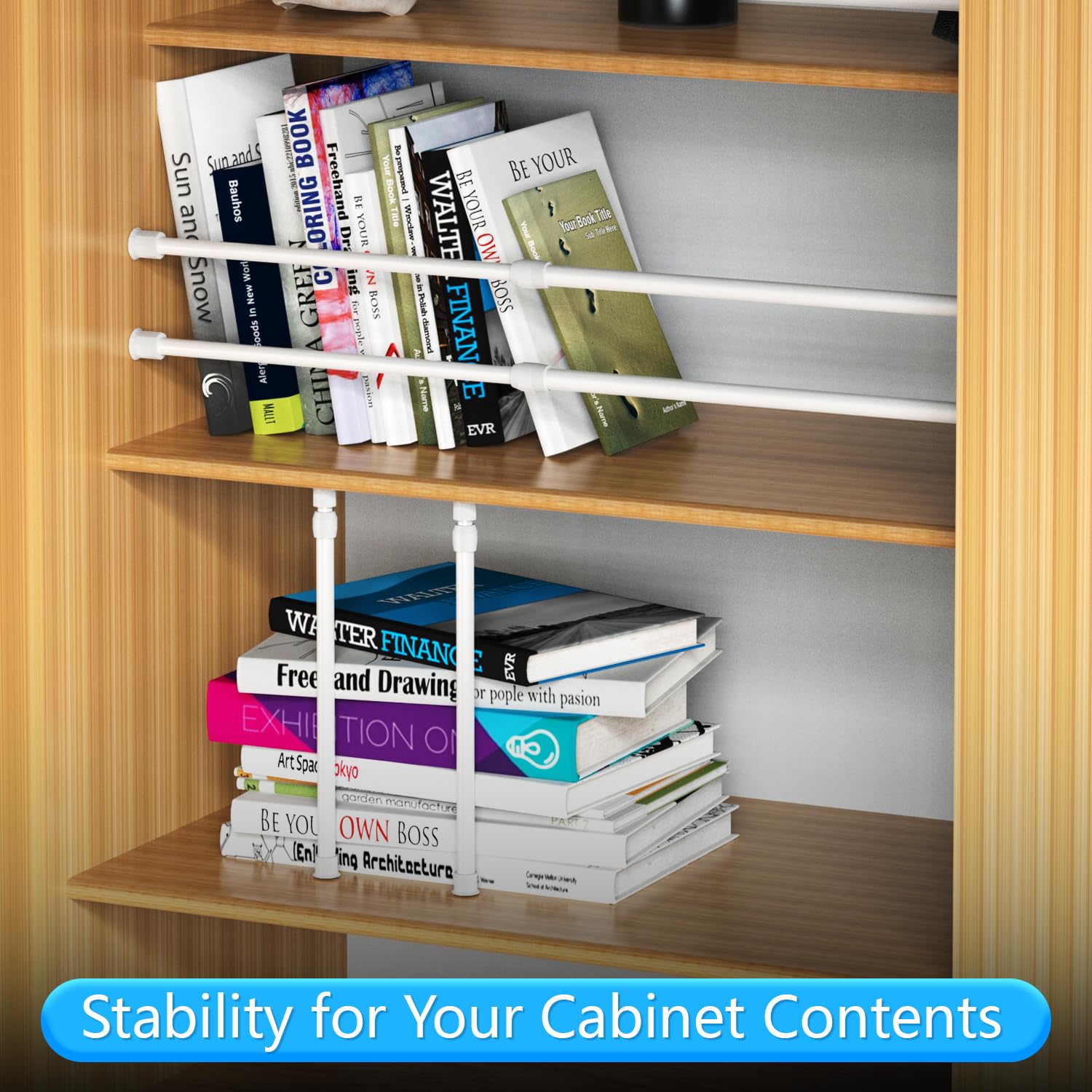 Safoner tension rod installed across RV cabinet keeping items secure