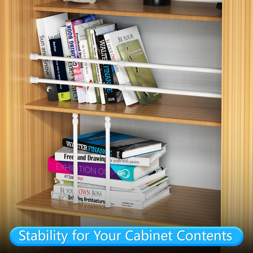 Safoner tension rod installed across RV cabinet keeping items secure
