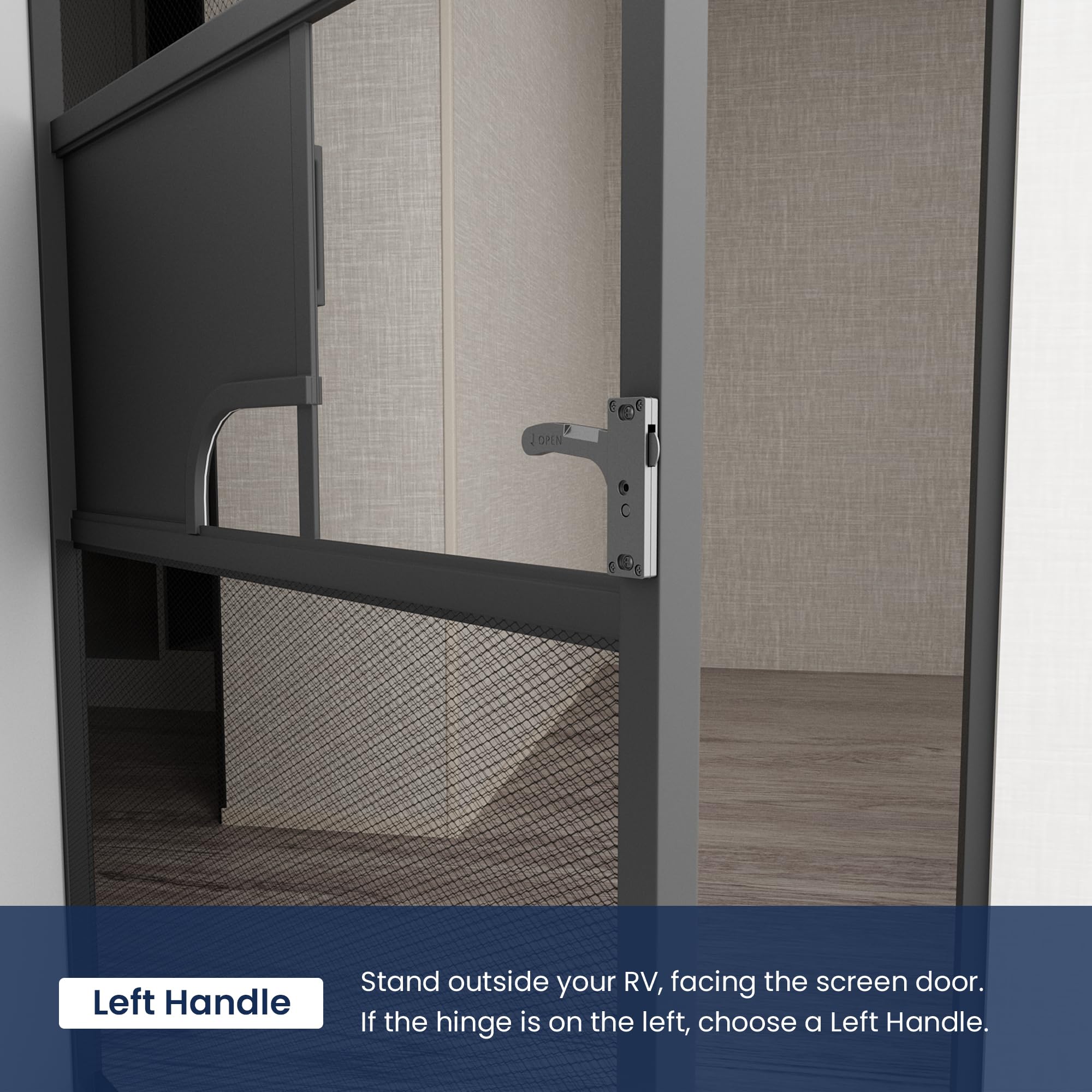 Safoner left handle installed on camper screen door demonstrating secure, low-profile look
