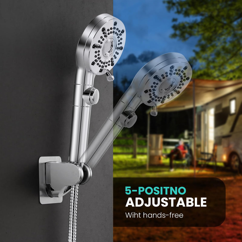 Saidrip shower head next to hand showing compact travel-friendly size