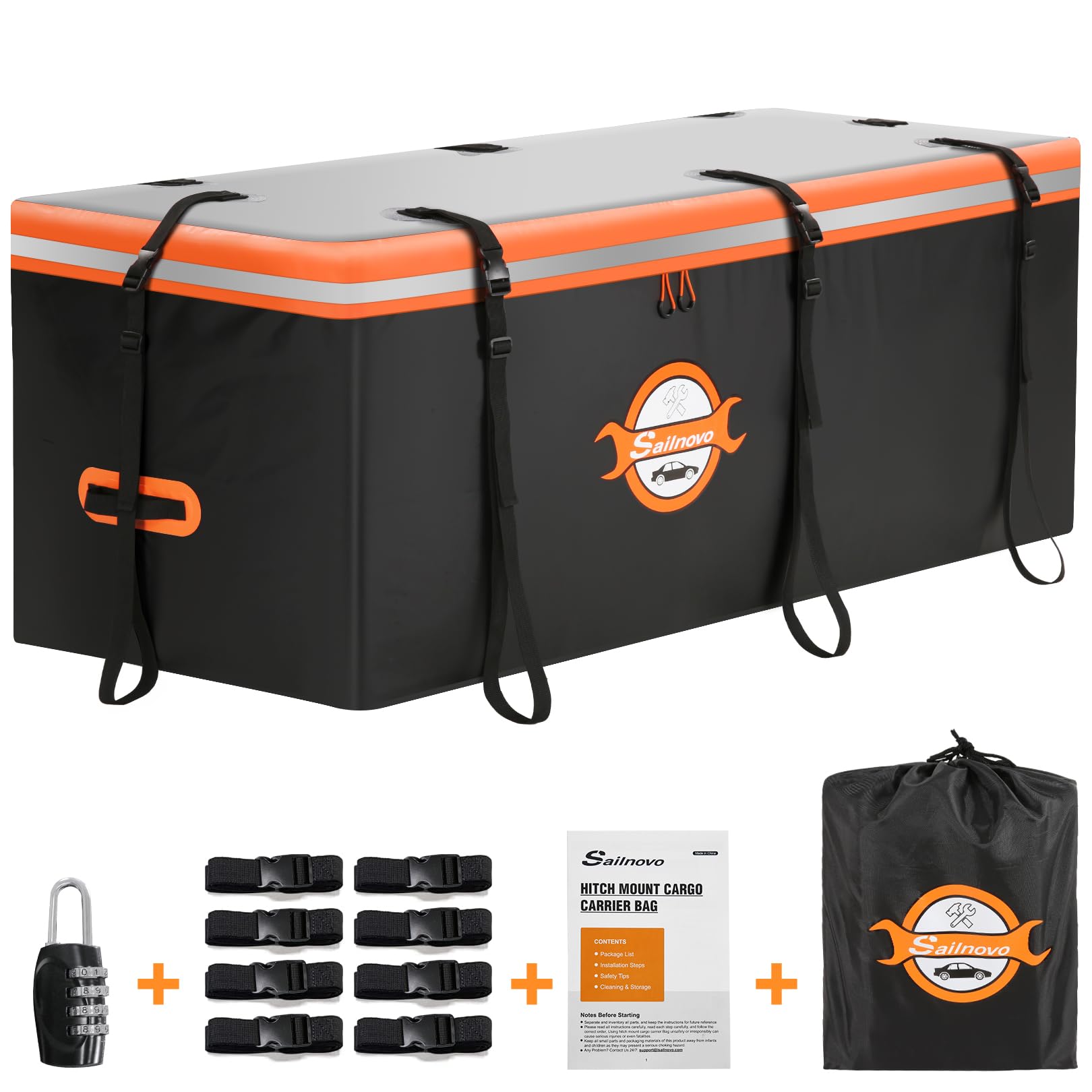 Sailnovo front view of packed hitch cargo bag showing secure fit