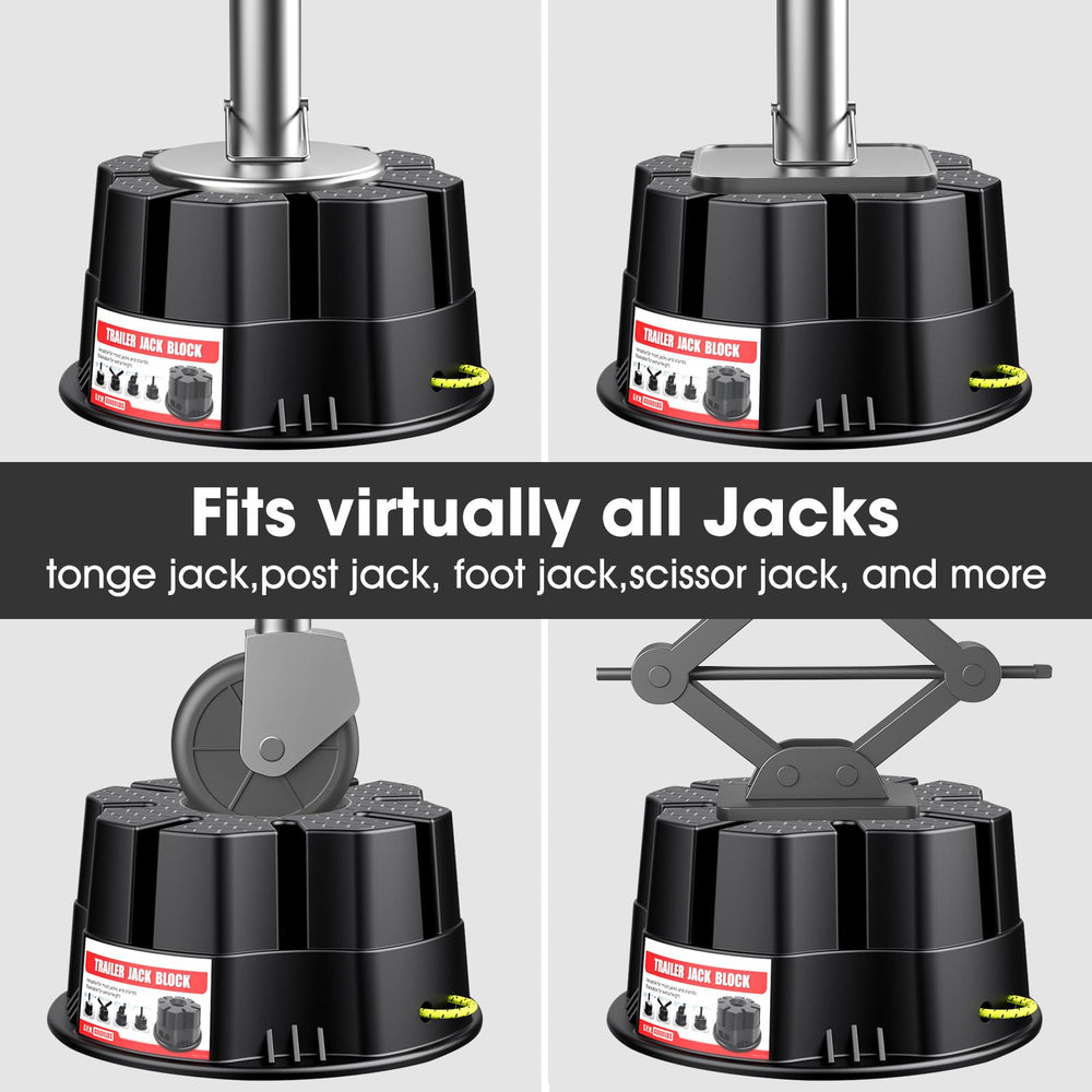 Salahii block under RV tongue jack stabilizing and preventing sinking