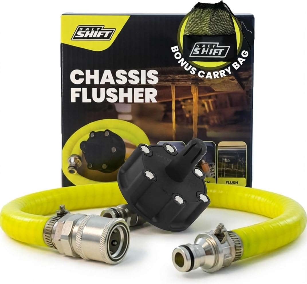Salt Shift front view of flusher showing compact nozzle and benefits for easy undercarriage cleaning