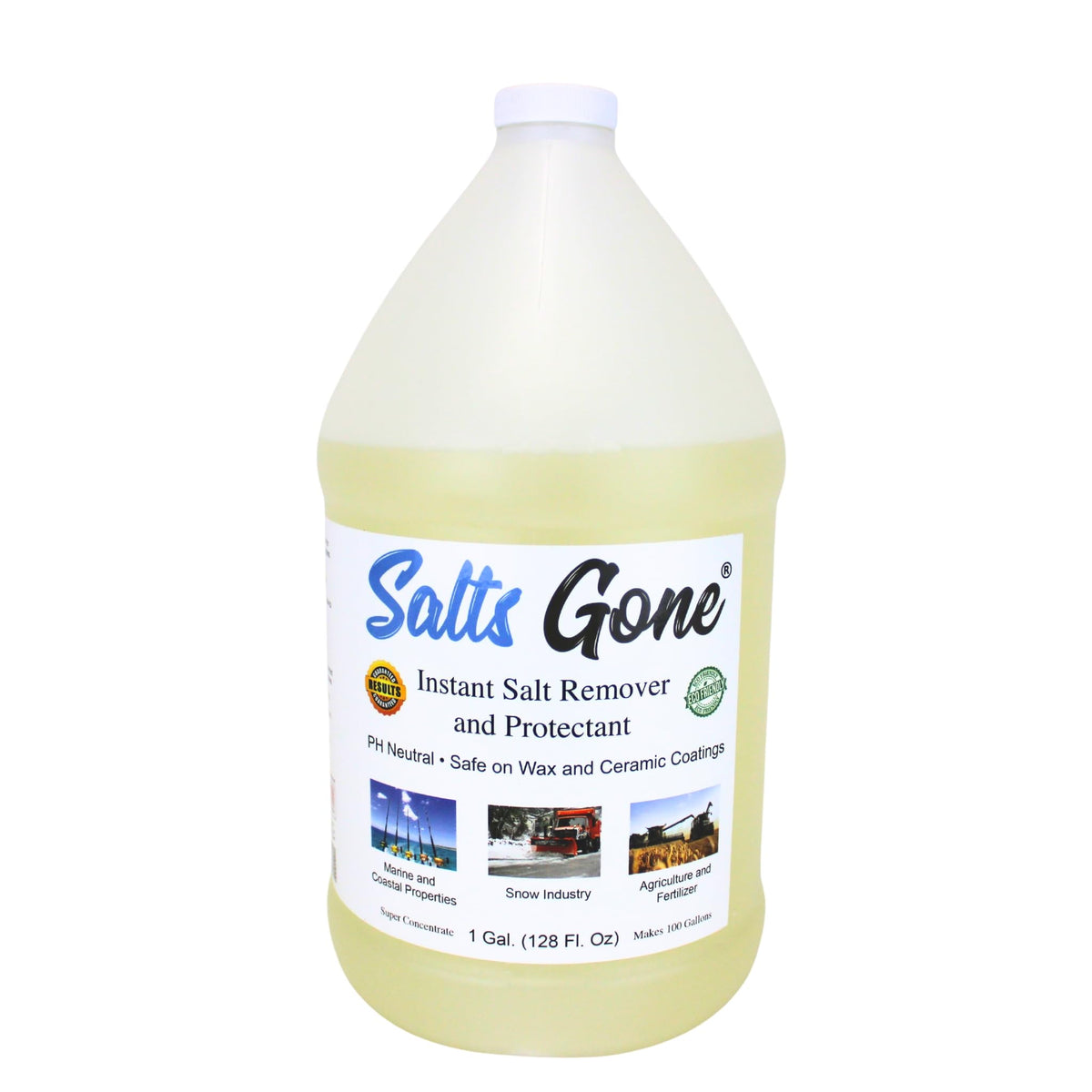 Salts Gone front view of gallon bottle showing label and ease of use