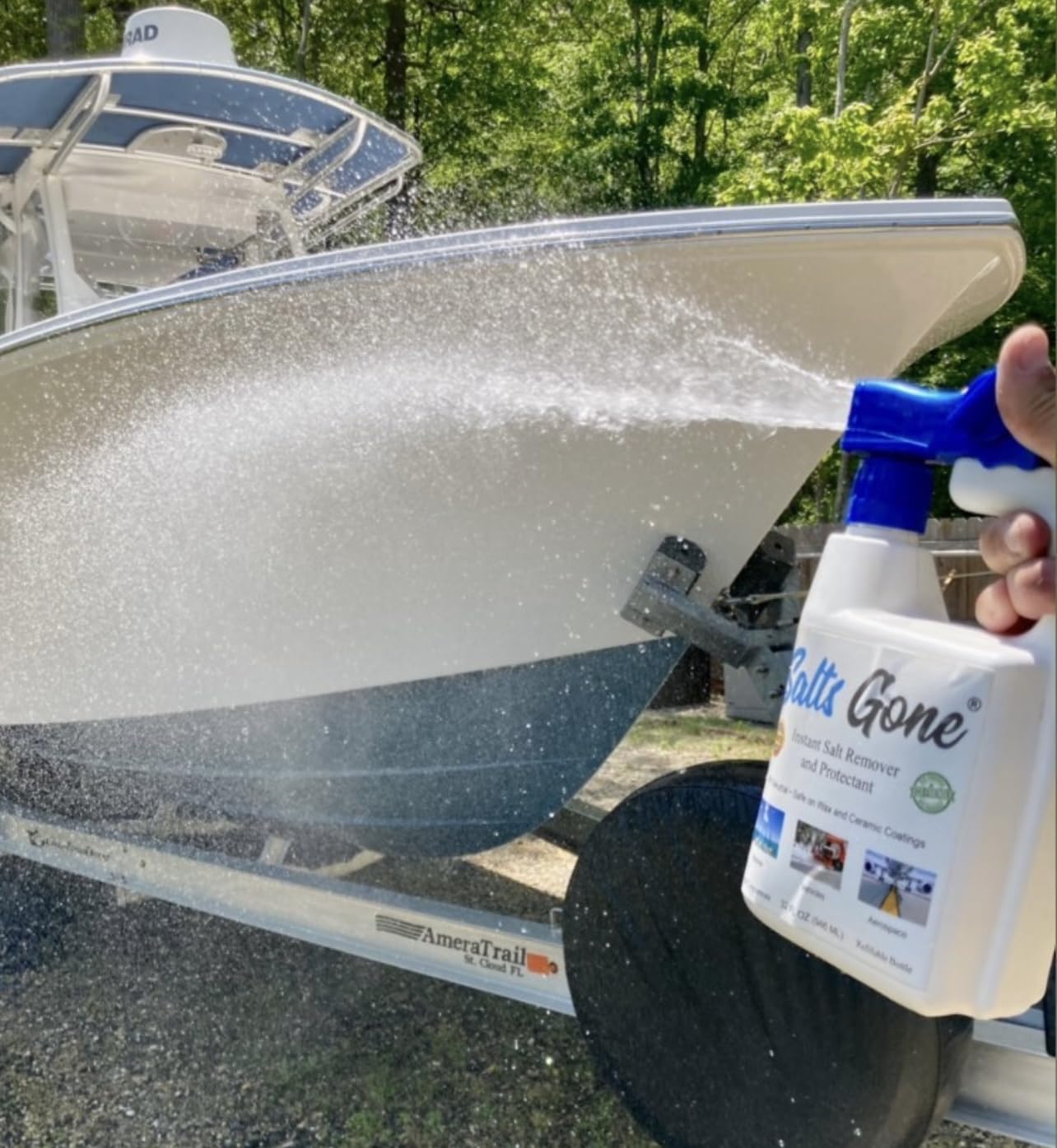 Salts Gone pouring from bottle onto a wheel well for quick salt removal