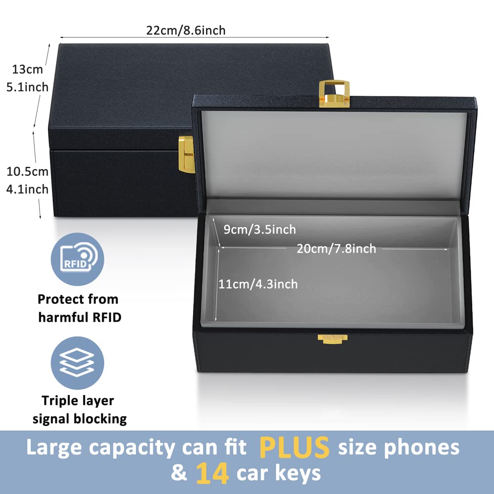 Samfolk Faraday box beside smartphone showing size and device shielding