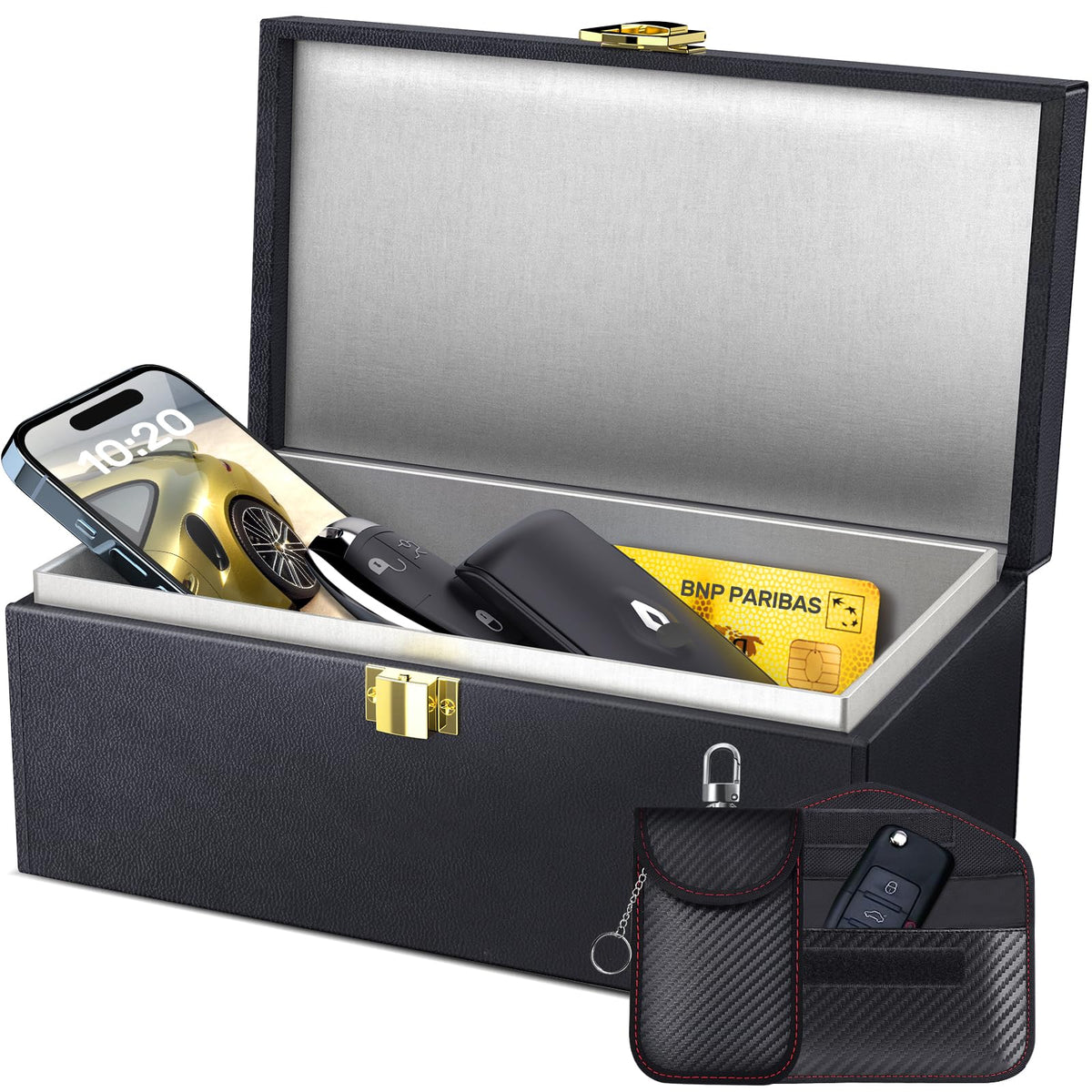 Samfolk front view of Faraday box showing stylish exterior and protection