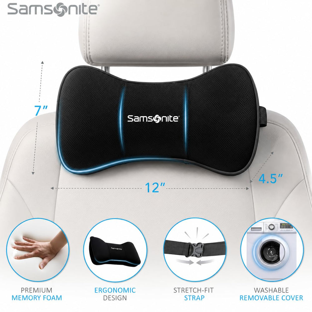 Samsonite installed on car headrest delivering stable neck support while driving