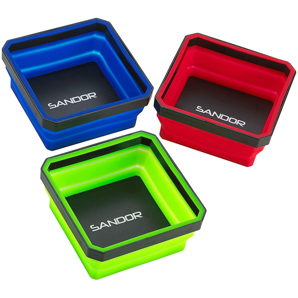 SANDOR front packaging showing three collapsible trays and contents organized
