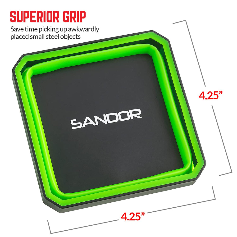 SANDOR tray magnet attached to toolbox illustrating hands-free stability