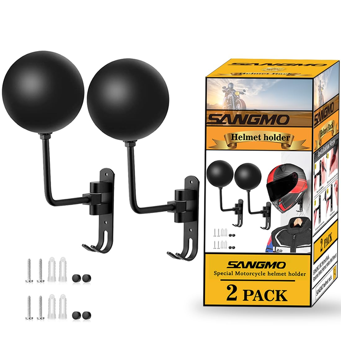 SANGMO front view of helmet rack showing sturdy steel design and secure mount