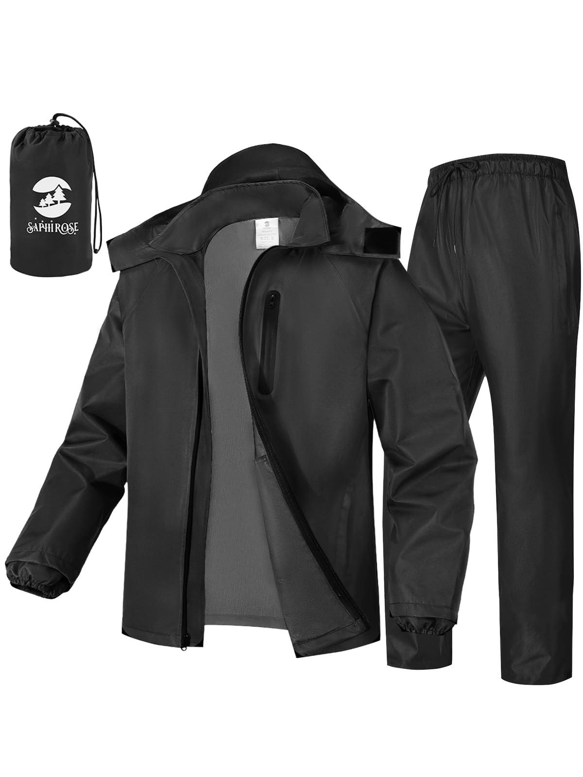SaphiRose front view of jacket and pants showing full coverage and packability