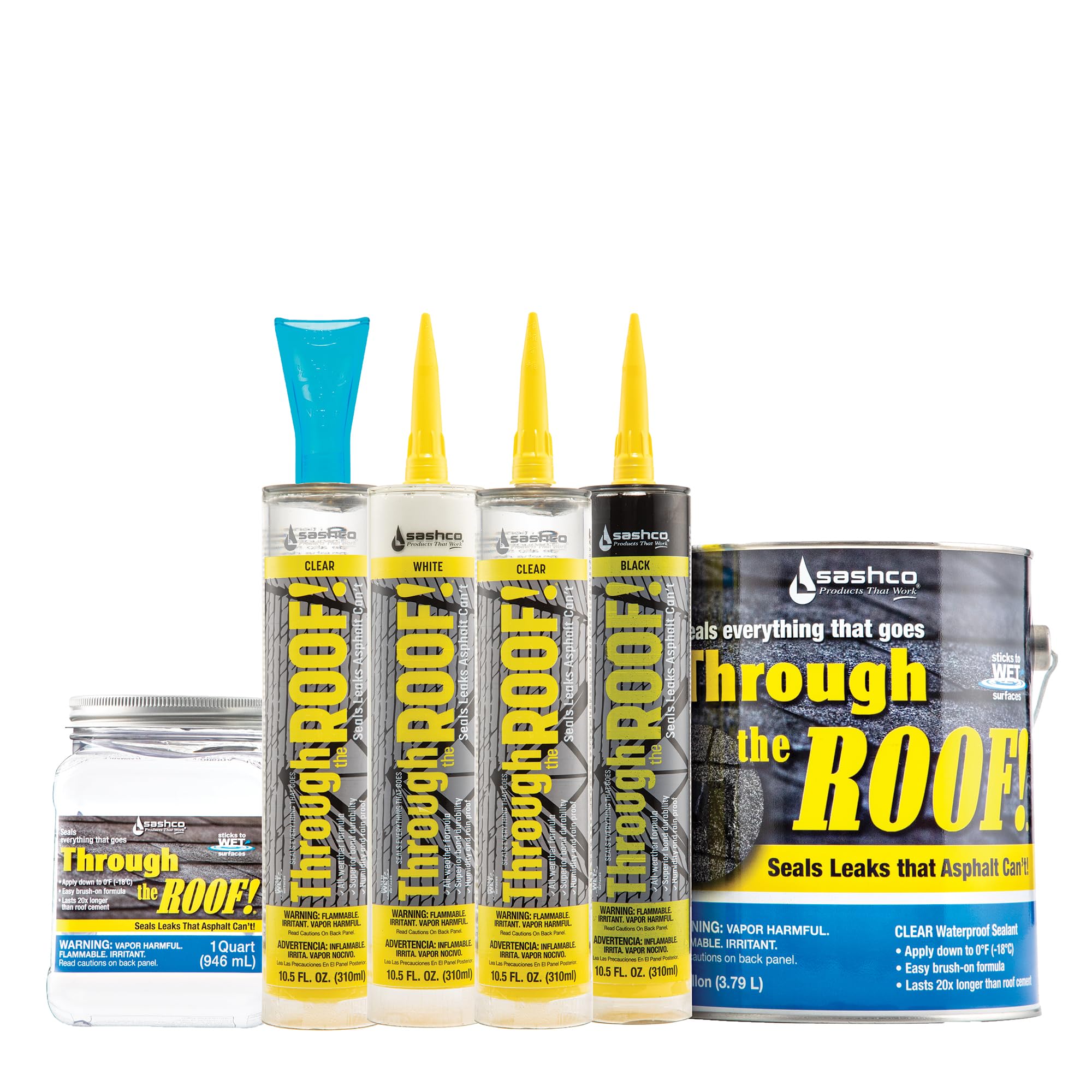 Sashco Through The ROOF on a rooftop with ladder showing professional repair-ready lifestyle