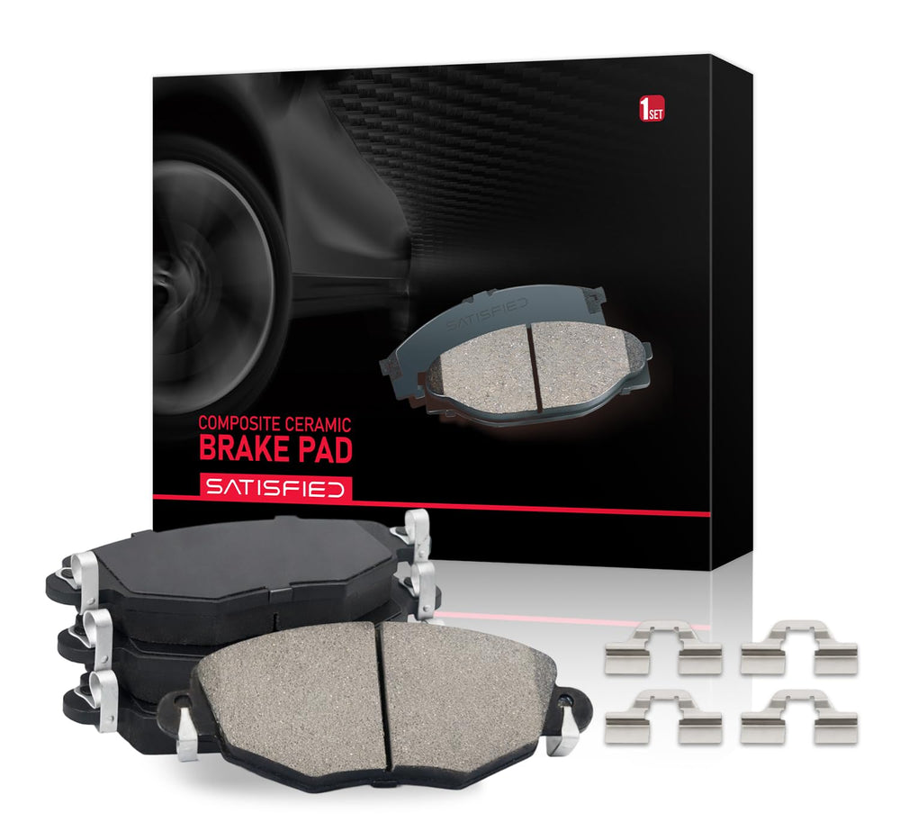 SATISFIED front brake pads packaging showing included pair and label, clean presentation benefit