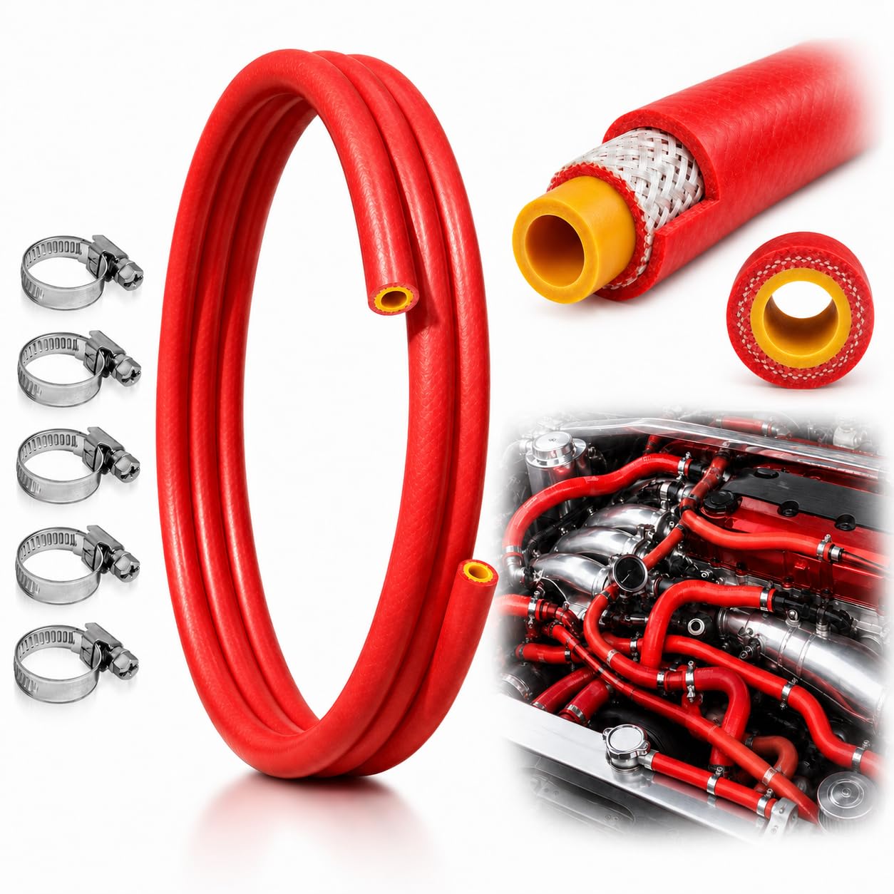 SATUGUOJI front view of full kit showing hose and five clamps for quick replacement