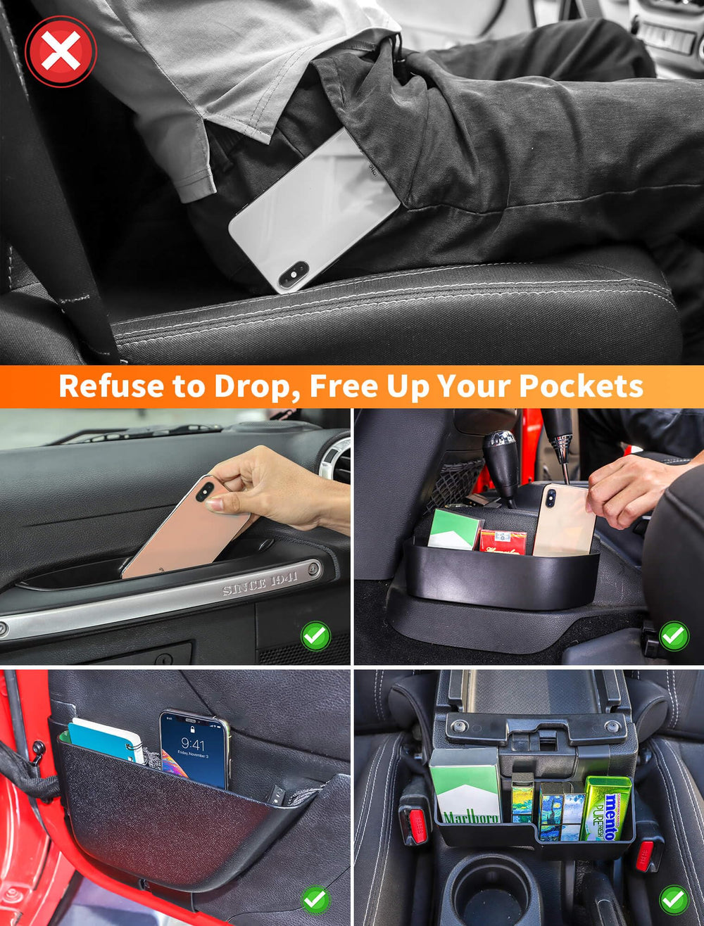 Savadicar door pocket installed in Jeep Wrangler improving small-item storage