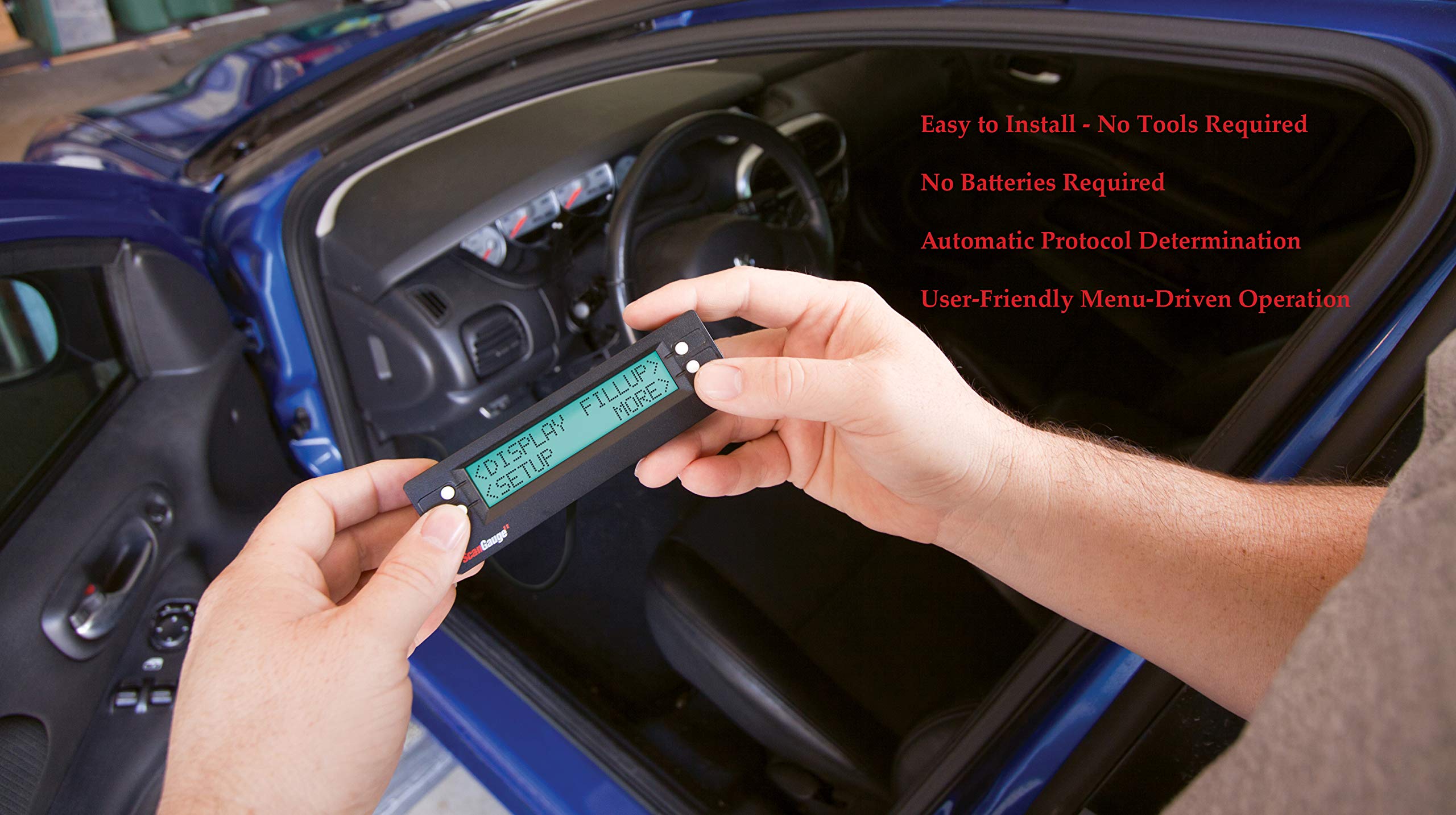 ScanGauge SG2 next to a smartphone to show compact size and easy dashboard fit
