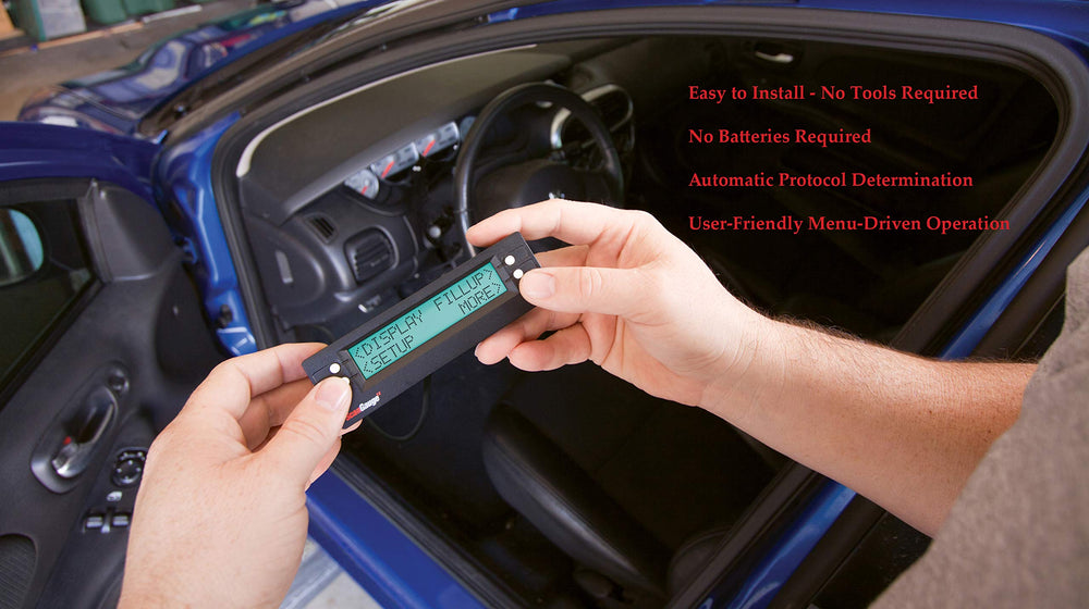 ScanGauge SG2 next to a smartphone to show compact size and easy dashboard fit