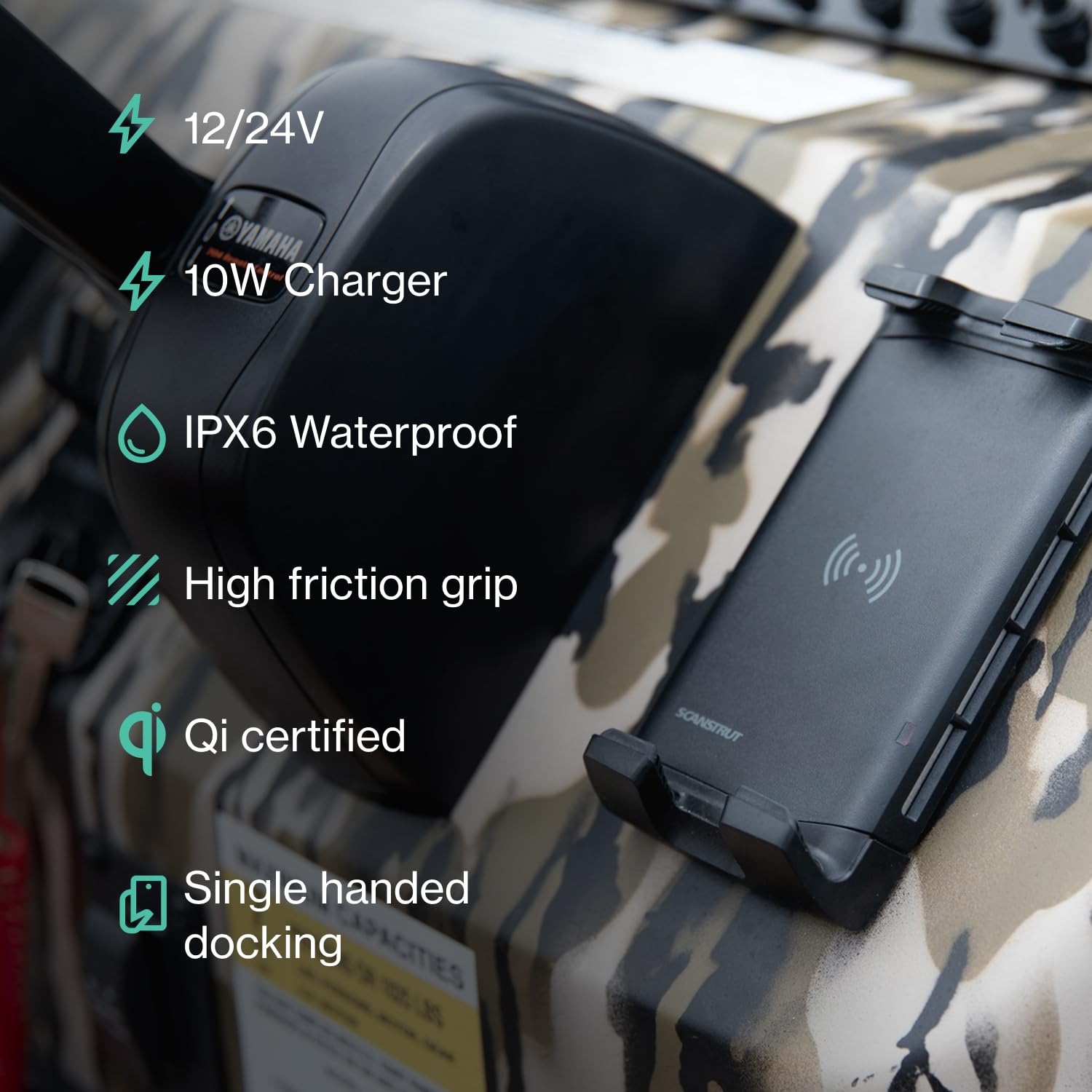 Scanstrut close-up of high-grip jaws holding phone securely for stable charging