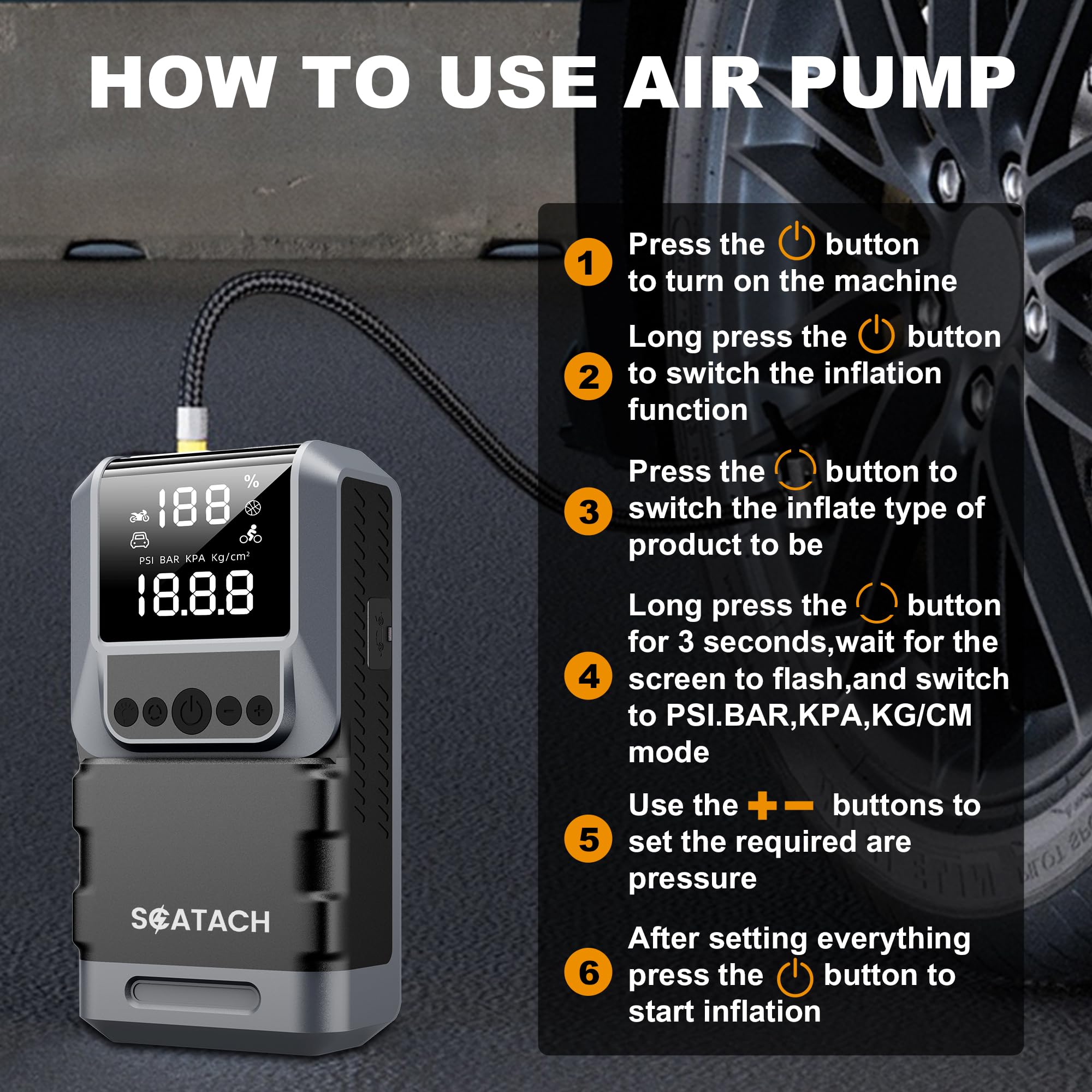 Scatach air compressor inflating a car tire quickly for fast roadside recovery