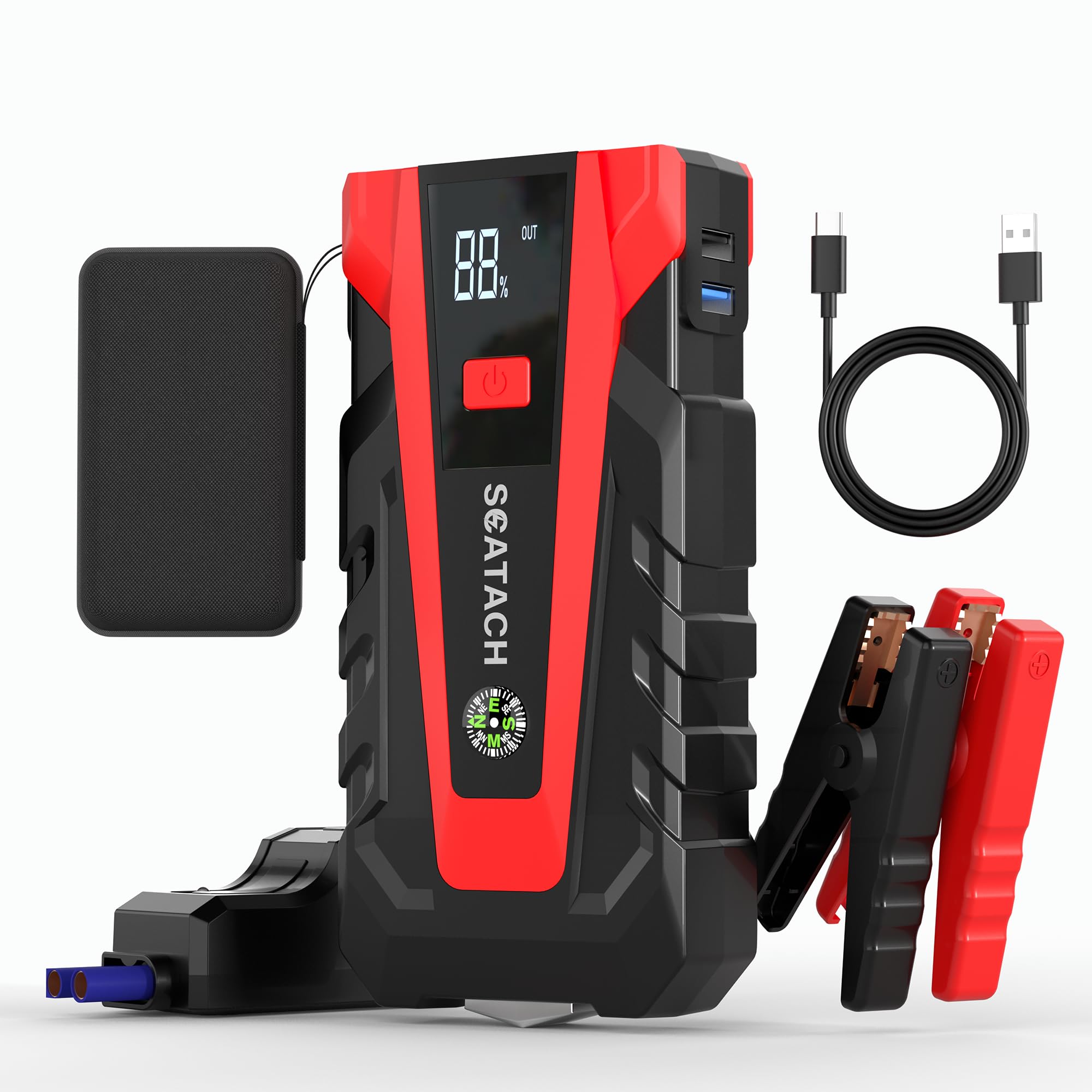 Scatach front view showing compact jump starter and benefits for quick starts