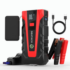 Scatach front view showing compact jump starter and benefits for quick starts
