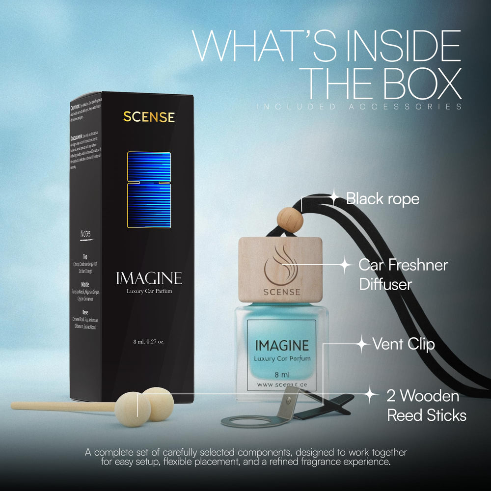 SCENSE IMAGINE size comparison beside a key fob showing compact, travel-friendly benefit
