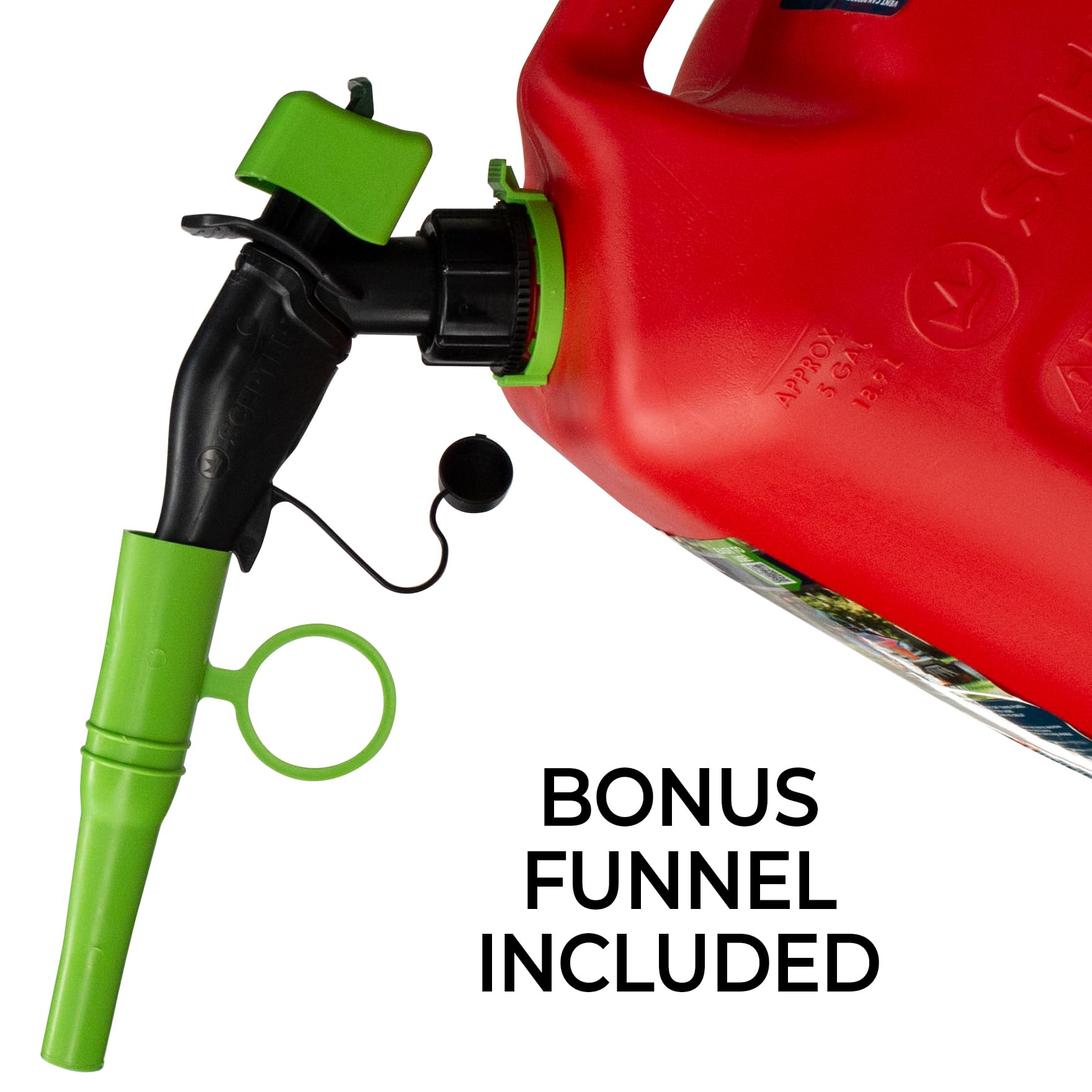 Scepter pouring into lawnmower tank demonstrating controlled, spill-free refilling
